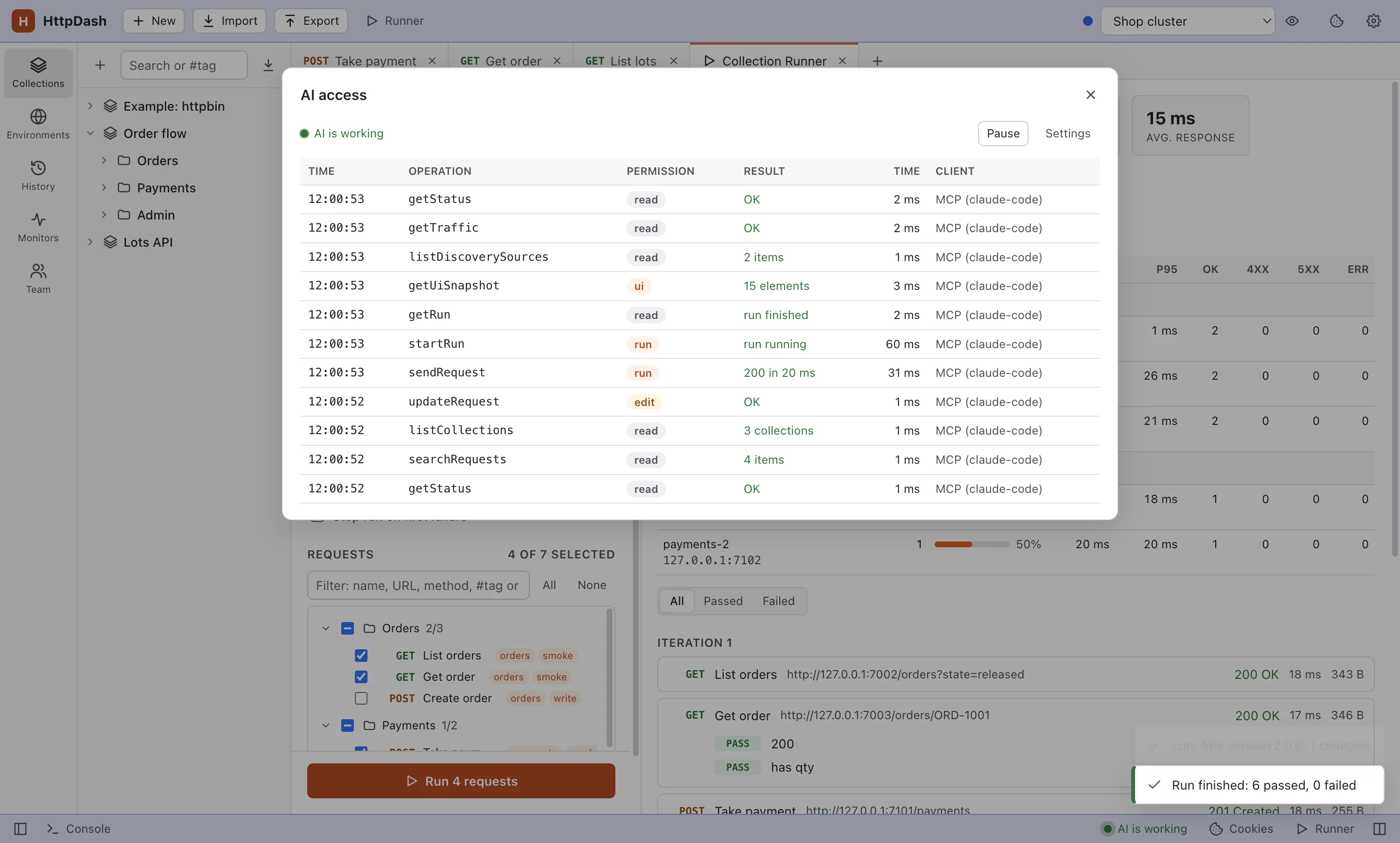 The AI access panel while an agent is working: calls from Claude Code to search requests, update a request, send it (200 in 21 ms), start a run and take a screen snapshot.