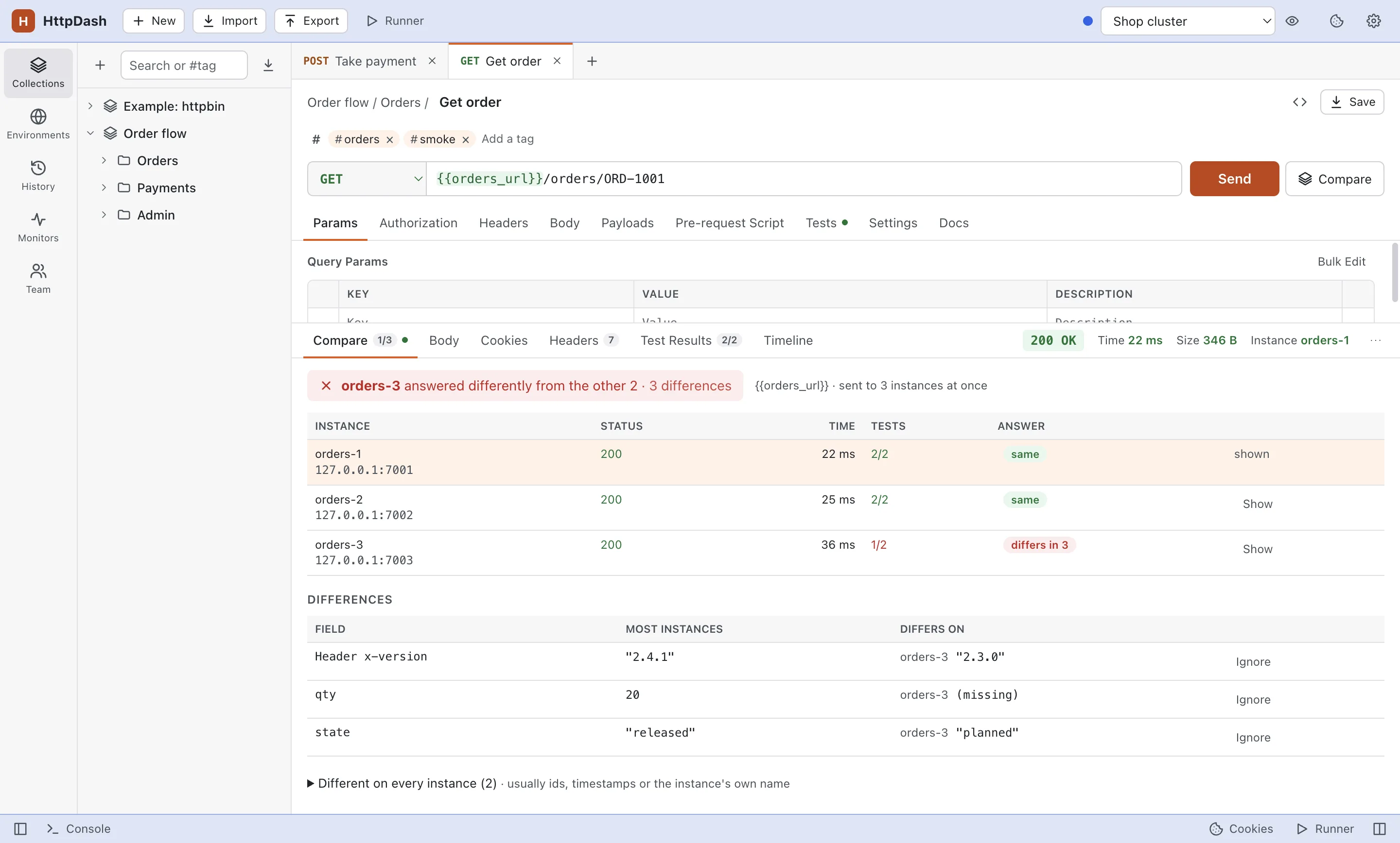 Compare for Get order across three instances: orders-3 answered differently from the other two, with version 2.3.0 instead of 2.4.1, no qty field and state planned instead of released.