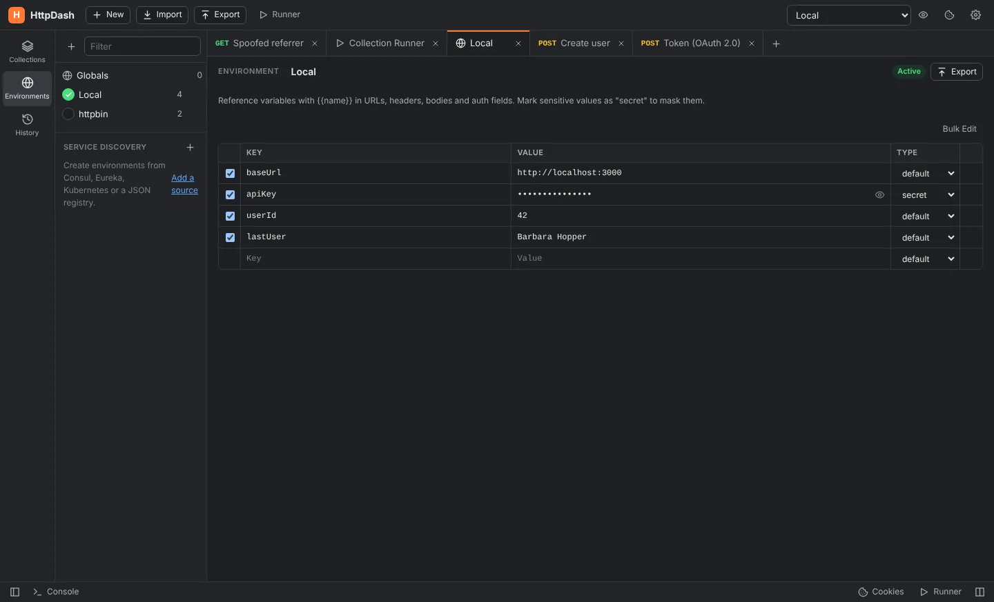 HttpDash in dark mode showing an environment with masked secret values.