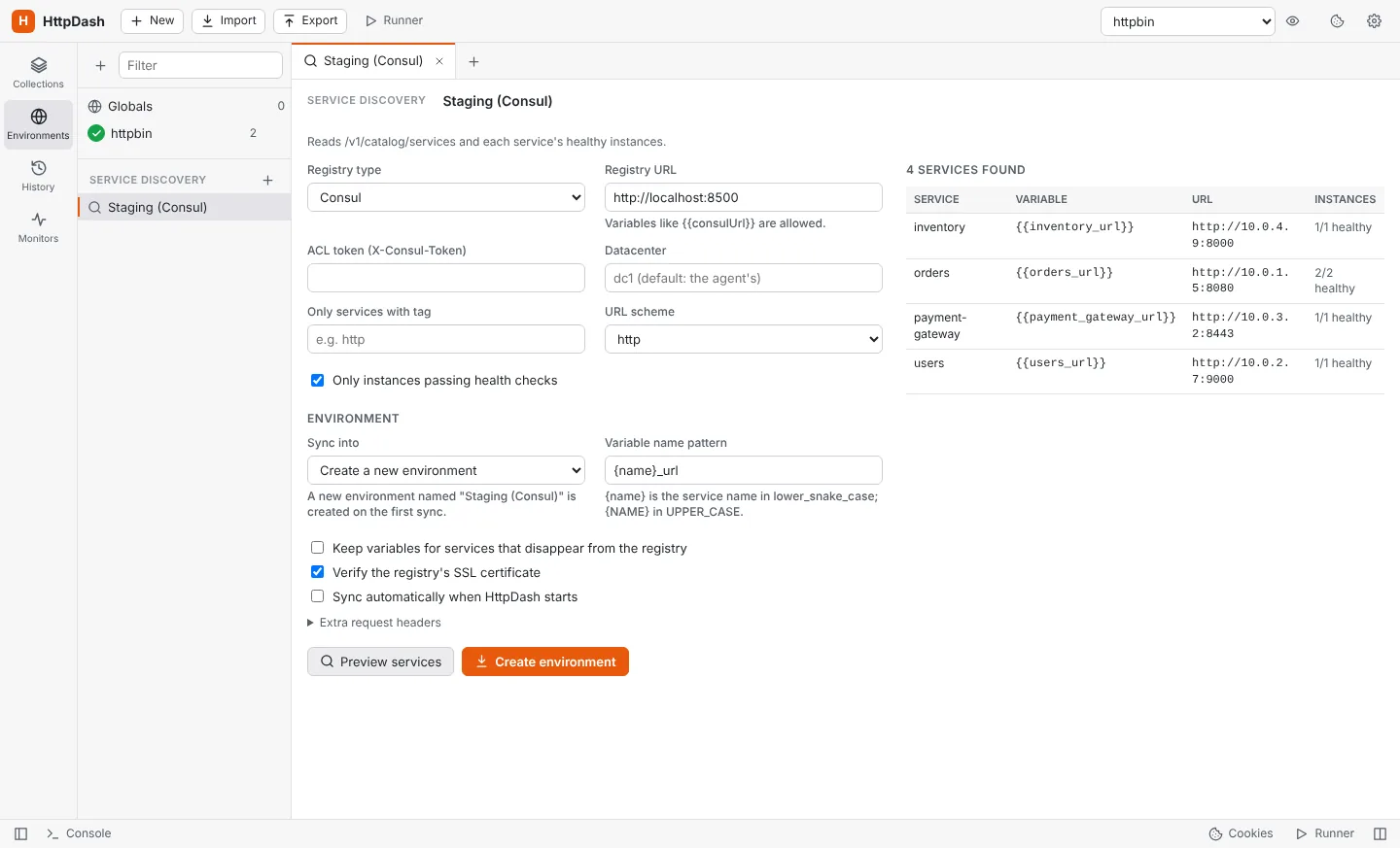 Service discovery preview listing four services from Consul with their variables and URLs.