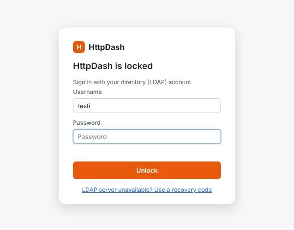 The HttpDash lock screen asking for an LDAP username and password.