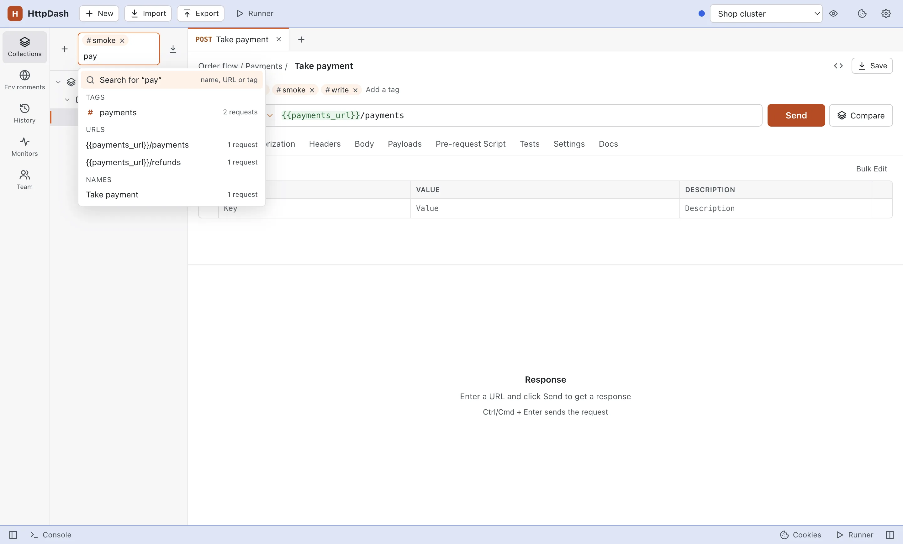 Searching for pay with the smoke tag selected: suggestions grouped as tags, URLs and request names, and the Take payment request with its tags.