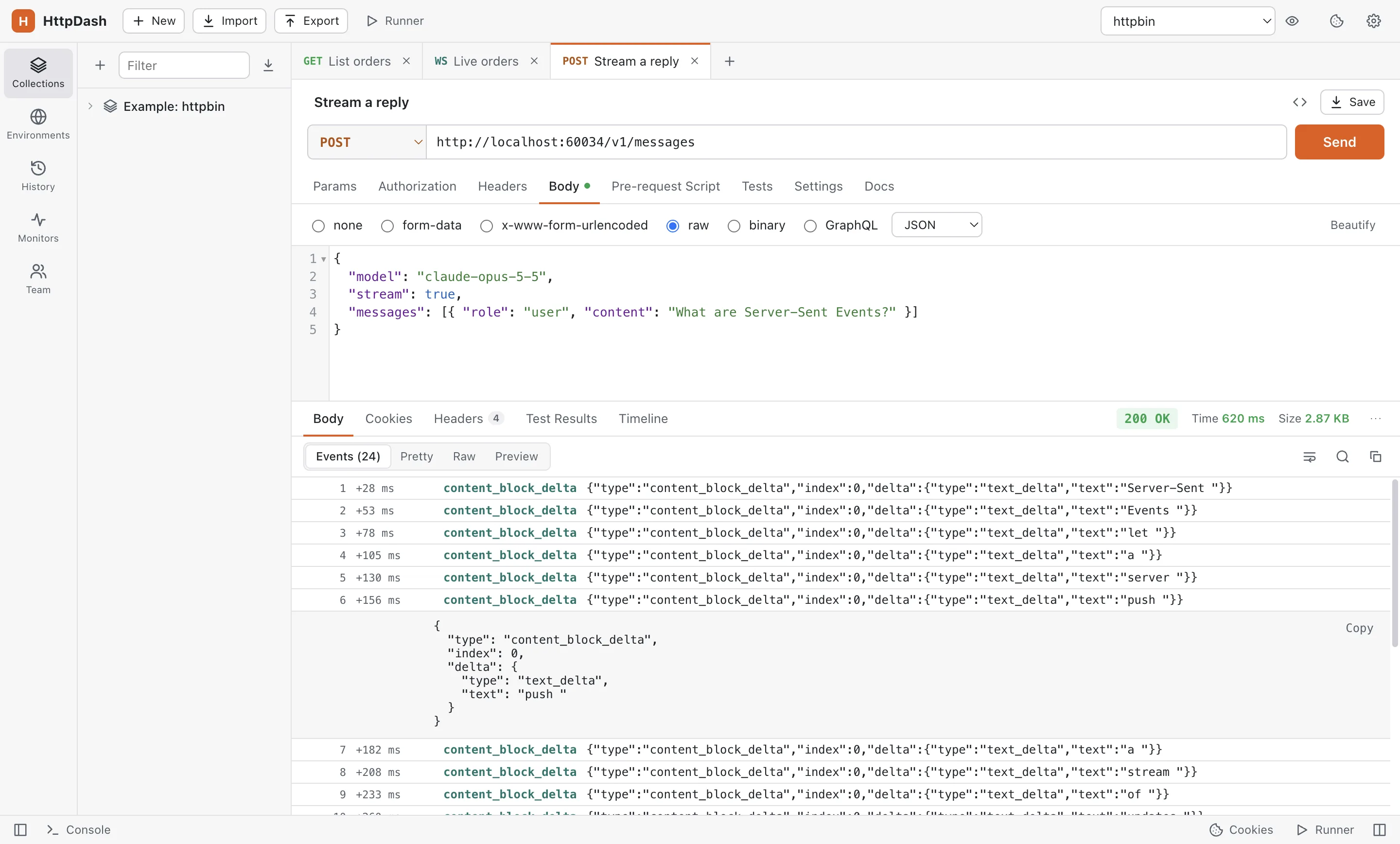 A streaming POST to a messages endpoint: 24 events arriving over 620 ms, one expanded to show its JSON.