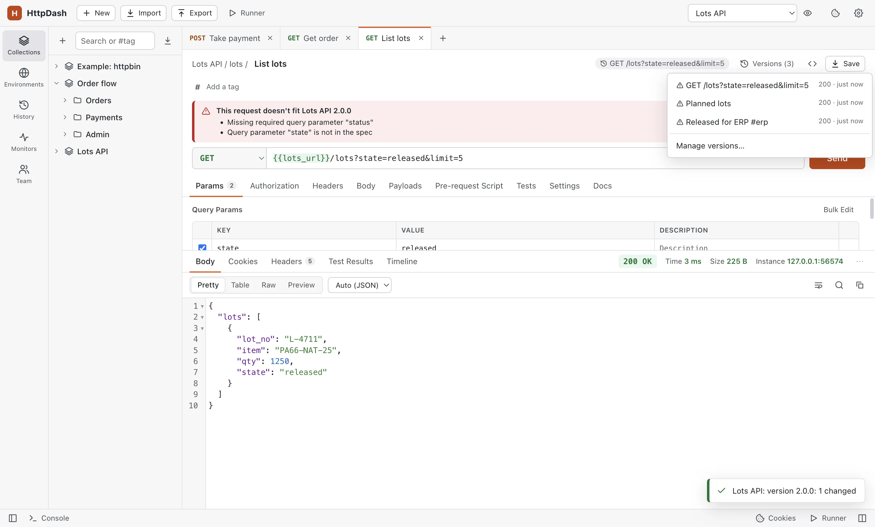 A List lots request with a warning that it does not fit Lots API 2.0.0: the required query parameter status is missing and state is not in the spec. The versions menu is open with two earlier versions marked with a warning.